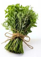 A bundle of fresh herbs - rosemary thyme and sage - ready to be used in tasty Thanksgiving recipes on a white background photo
