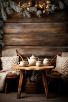 A rustic wooden table adorned with vintage knitted sweaters and mugs of steaming cocoa background with empty space for text photo