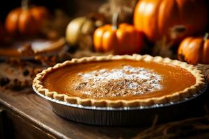 un de cerca de un recién horneado calabaza tarta perfectamente dorado y rociado con canela destinado para un acción de gracias banquete foto