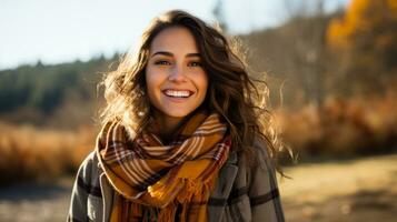 un acogedor tartán bufanda envuelto alrededor un sonriente modelo capturar el calor y estilo de otoño Moda foto