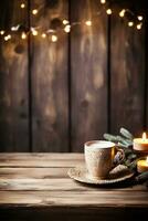 A rustic wooden table adorned with vintage knitted sweaters and mugs of steaming cocoa background with empty space for text photo