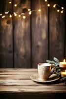 A rustic wooden table adorned with vintage knitted sweaters and mugs of steaming cocoa background with empty space for text photo