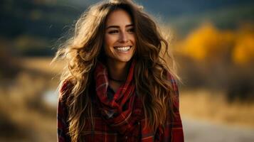 A cozy plaid scarf wrapped around a smiling model capturing the warmth and style of fall fashion photo