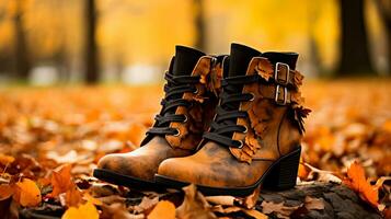 A rustic pair of ankle boots surrounded by fallen leaves capturing the essence of autumn fashion trends photo