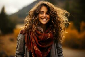 A cozy plaid scarf wrapped around a smiling model capturing the warmth and style of fall fashion photo