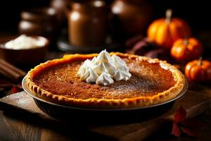 A close-up of a freshly baked pumpkin pie perfectly golden and sprinkled with cinnamon destined for a Thanksgiving feast photo