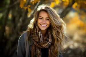 A cozy plaid scarf wrapped around a smiling model capturing the warmth and style of fall fashion photo