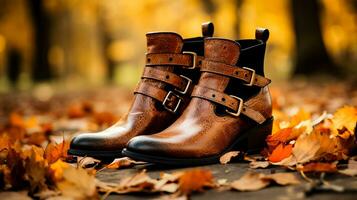 A rustic pair of ankle boots surrounded by fallen leaves capturing the essence of autumn fashion trends photo