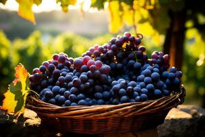 un cesta lleno con recién cosechado uvas capturar el esencia de un abundante vino temporada foto