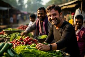 A bustling market with farmers proudly displaying their colorful produce while artisans showcase exquisite crafts amidst joyful cheers and laughter photo