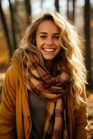 A cozy plaid scarf wrapped around a smiling model capturing the warmth and style of fall fashion photo