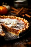 A close-up of a freshly baked pumpkin pie perfectly golden and sprinkled with cinnamon destined for a Thanksgiving feast photo