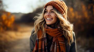 A cozy plaid scarf wrapped around a smiling model capturing the warmth and style of fall fashion photo