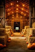 A picturesque barn filled with bales of hay and pumpkins background with ample empty space for text photo