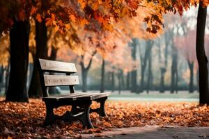 A cozy park scene with fallen leaves and a rustic bench background with empty space for text photo