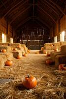 A picturesque barn filled with bales of hay and pumpkins background with ample empty space for text photo