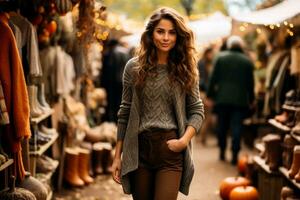 un elegante mujer vistiendo un acogedor suéter y de moda botas explorador un pintoresco otoño mercado lleno con local Produce y hecho a mano artesanía foto