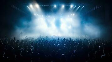 Silhouette of concert crowd in front of bright stage lights. Dark background, smoke, concert spotlights, disco ball. Crowd at Concert. Generative Ai photo