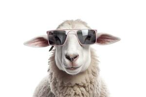 A Sheep, Funny sheep wearing sunglasses isolated on white background. Generative AI photo