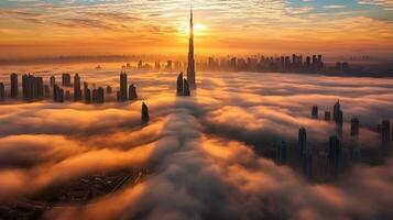 Aerial view of Dubai, United Arab Emirates foggy morning sunrise. Generative Ai photo