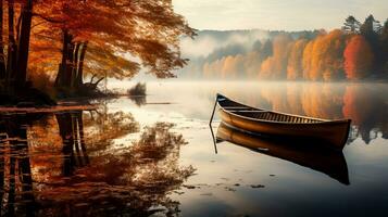 A serene lake nestled in the misty embrace of autumns warm colors capturing the essence of Novembers tranquility photo