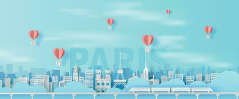 Paper art and craft of Traveling holiday Eiffel tower Paris city France,Travel holiday time transportation train landmarks city pastel color landscape concept, Balloon giftbox Float on air sky.vector. vector