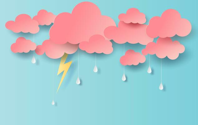 Paper art and craft style of black Cloud and Lightning rainy season on dark background.Thunder storm effects  flash shape outdoors.vector.illustration