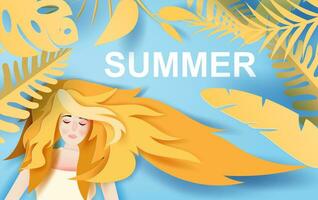 illustration of Beautiful lady girl with long hair wear summer trip with tropical leaf life nature decoration.portrait of young cute woman with long hair relaxing in summertime.paper cut,craft.vector. vector