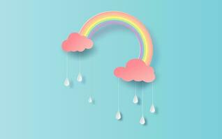 illustration of Rainbow in the rainy season. Paper cut design for clouds and rainbow in rain time.Creative idea paper craft by pastel color clean and minimal style on blue background. vector. EPS10. vector