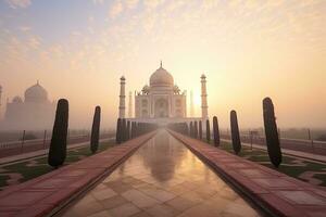 Taj Mahal, Indian. Morning fog. Sunrise. Generative Ai. photo