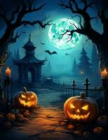 Spooky Halloween illustration, with a creepy house and pumpkins on the steps. photo