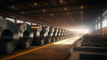 Amount of steel coils in warehouse, Heavy industries. Generative Ai photo