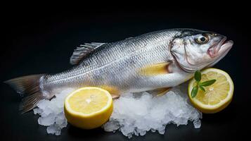 Fresh sea bass fish with lemon on ice. Sea bass fish. Generative Ai photo