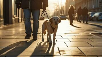 A guide dog helps a visually impaired man walk in city. golden, labrador, Guide Dog. Generative Ai photo