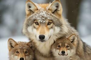 Mother wolf and wolf cubs in winter snow. Generative AI. photo