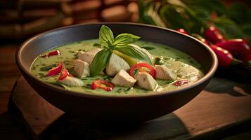 Thai food, Green curry chicken with coconut curry on the wooden floor background. Generative Ai photo