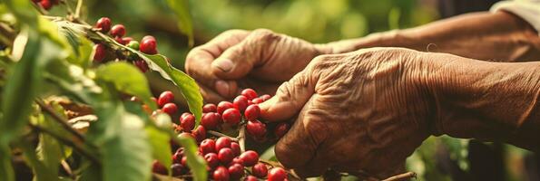 Agriculture picking coffee berries, Farmer's hand picking Arabica coffee berries or Robusta berries by the hands. Vietnam. Generative Ai photo