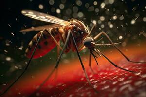 Aedes mosquito that carries dengue fever, Zika virus is sucking blood on a person's skin. Mosquitoes are carriers of dengue fever and malaria. Chikungunya, Mayaro, Yellow fever. Generative Ai photo