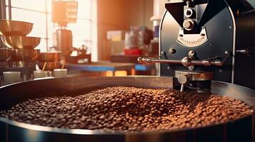 Coffee roaster, Aromatic coffee beans situating in modern equipment with grain chiller. Coffee Bean Roaster Machine. Industry concept. Generative Ai photo