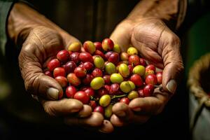 Agriculture picking coffee berries, Farmer's hand picking Arabica coffee berries or Robusta berries by the hands. Vietnam. Generative Ai photo