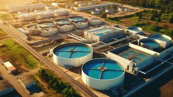 Aerial view of the wastewater treatment plant. Pumping station and drinking water supply. Industrial and urban water treatment for a big city. Round sedimentation tanks. Generative Ai photo