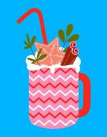 New Year's dessert in pink colors. Vector illustration of a winter drink in a flat style. New Year's cup with a drink and sweets, gingerbread, ring, lollipop.