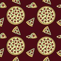 Pizza vector seamless pattern. Fast food background. Hand drawn outline repeat illustration with whole round pizza and slices
