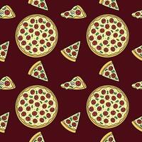 Pizza vector seamless pattern. Fast food background. Hand drawn outline repeat illustration with whole round pizza and slices