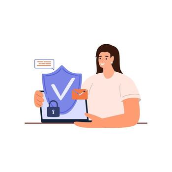 Cyber safety cyber security and privacy concept. Girl cyber defender and laptop. Vector illustration of Security, Personal Access, User Authorization, Internet and Data Protection, Cybersecurity.