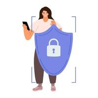 Cyber safety cyber security and privacy concept. Woman holding online protection shield as symbol of defense and secure. Person defending and protecting data. Vector illustration.