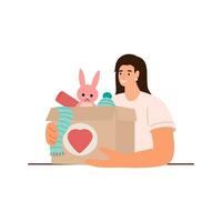 chica voluntaria sosteniendo una caja de comida. concepto de ayuda, atención social, voluntariado, apoyo a los pobres. ilustración vectorial plana de dibujos animados. vector