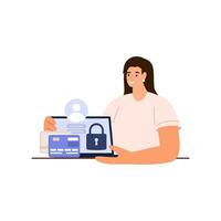 Cyber safety cyber security and privacy concept. Girl cyber defender and laptop. Vector illustration of Security, Personal Access, User Authorization, Internet and Data Protection, Cybersecurity.