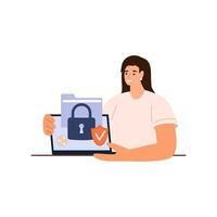 Cyber safety cyber security and privacy concept. Girl cyber defender and laptop. Vector illustration of Security, Personal Access, User Authorization, Internet and Data Protection, Cybersecurity.