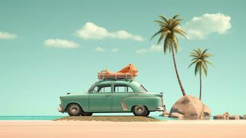 Clásico coche en el playa con palma arboles foto